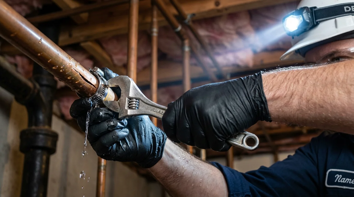 Emergency pipe clamp repair being performed by a Johns Plumbing LLC plumber in Keyport