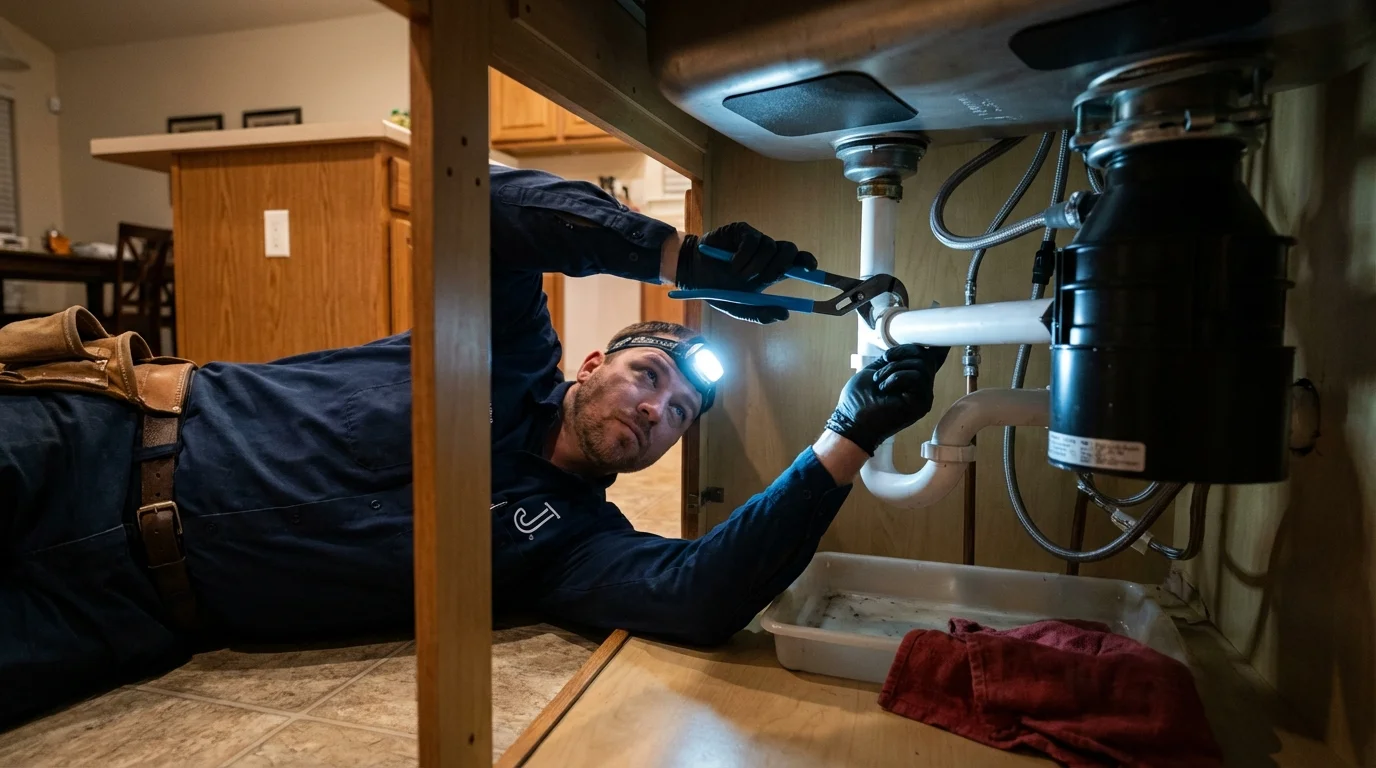 P-trap and supply line connections under a kitchen sink showing a common leak point in Keyport, NJ